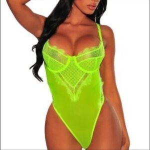 Neon Green Lace Bodysuit Sheer Mesh Bustier Thong One Piece NWT